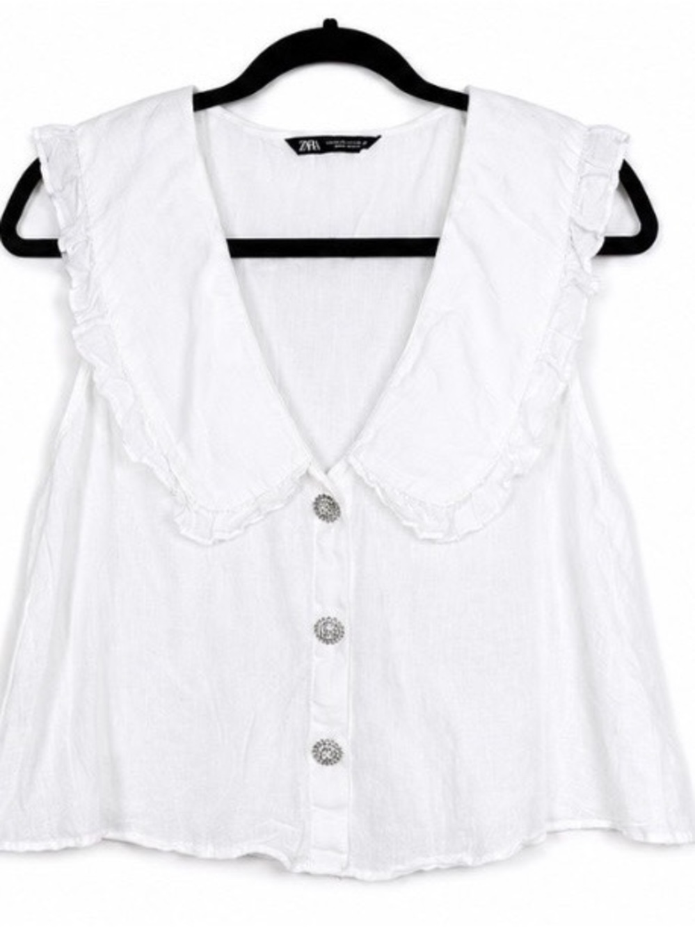 Zara 100% Linen White Sleeveless Ruffle Collar Jeweled Button Blouse XS